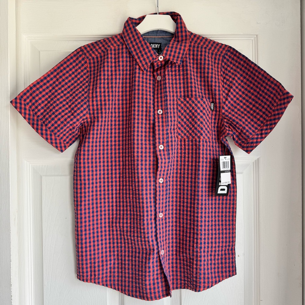 DKNY Boys Coral Orange and Navy Plaid Button Down Shirt